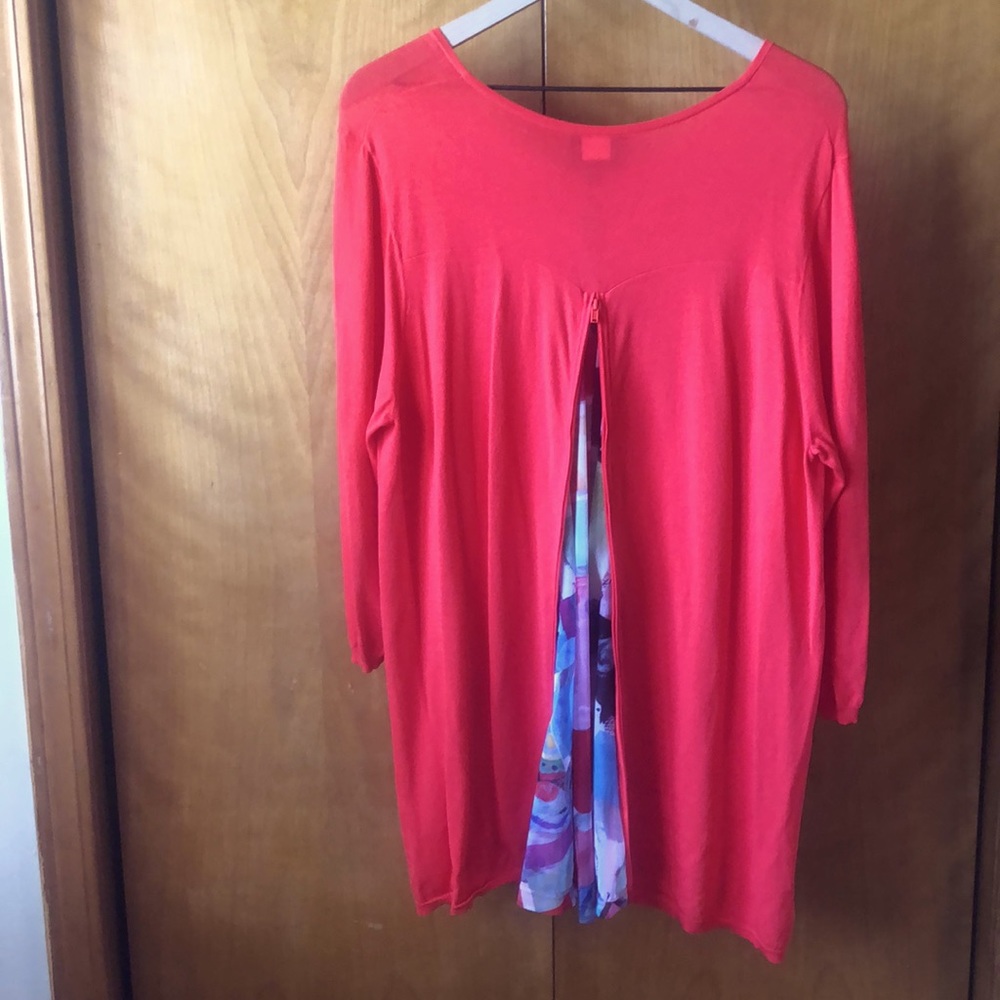 Vintage 3/4 Sleeve Coral Top Zip w/ Floral Back Inset XL